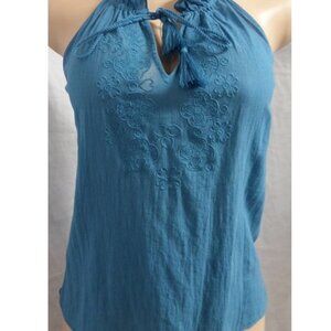 LOFT BLUE TEAL EMBROIDERED TASSEL TIE NECK BOHO PEASANT TOP BLOUSE SIZE: MP NWT